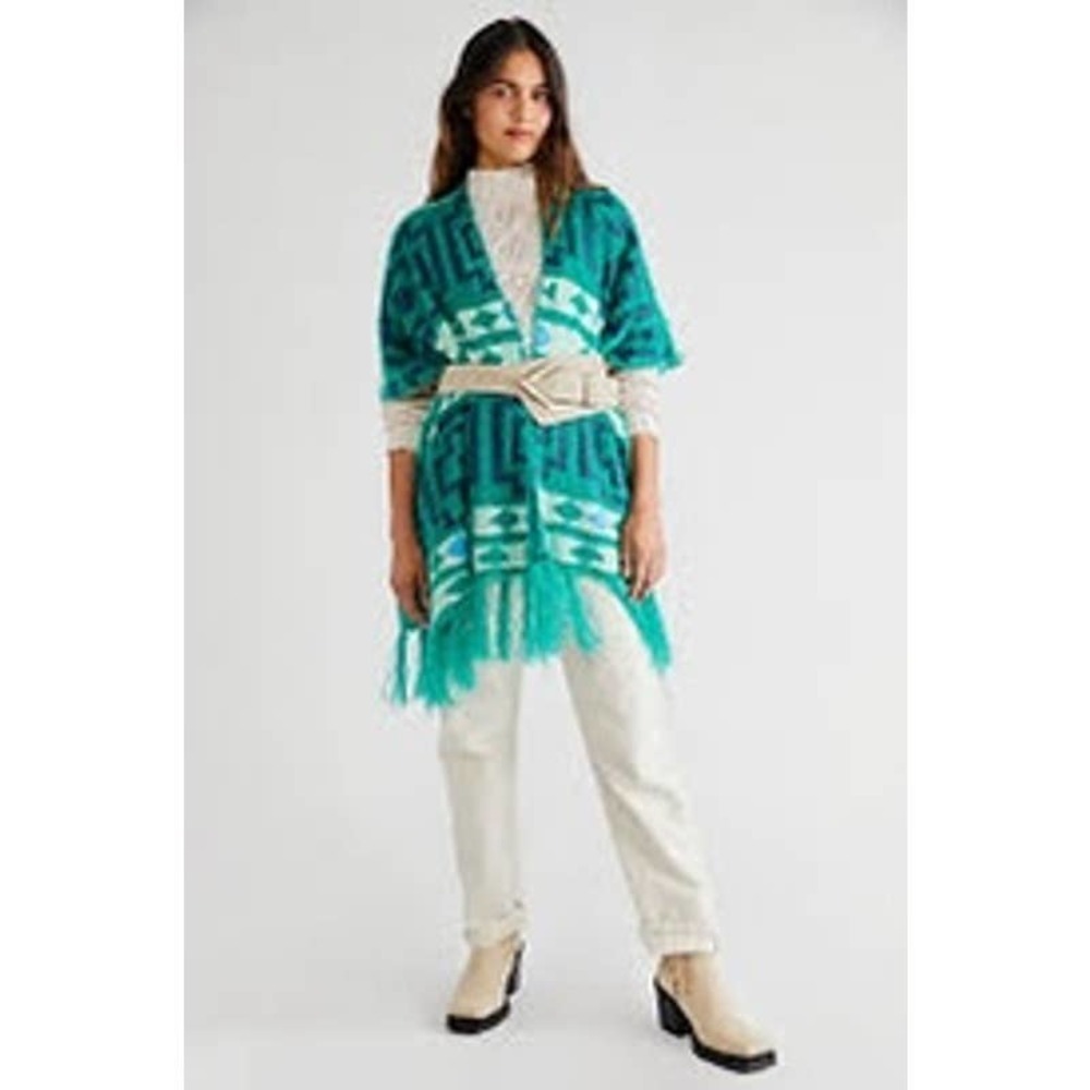 FREE PEOPLE Women's Diamondback Boho Aztec Print Cozy Kimono In Emerald O/S